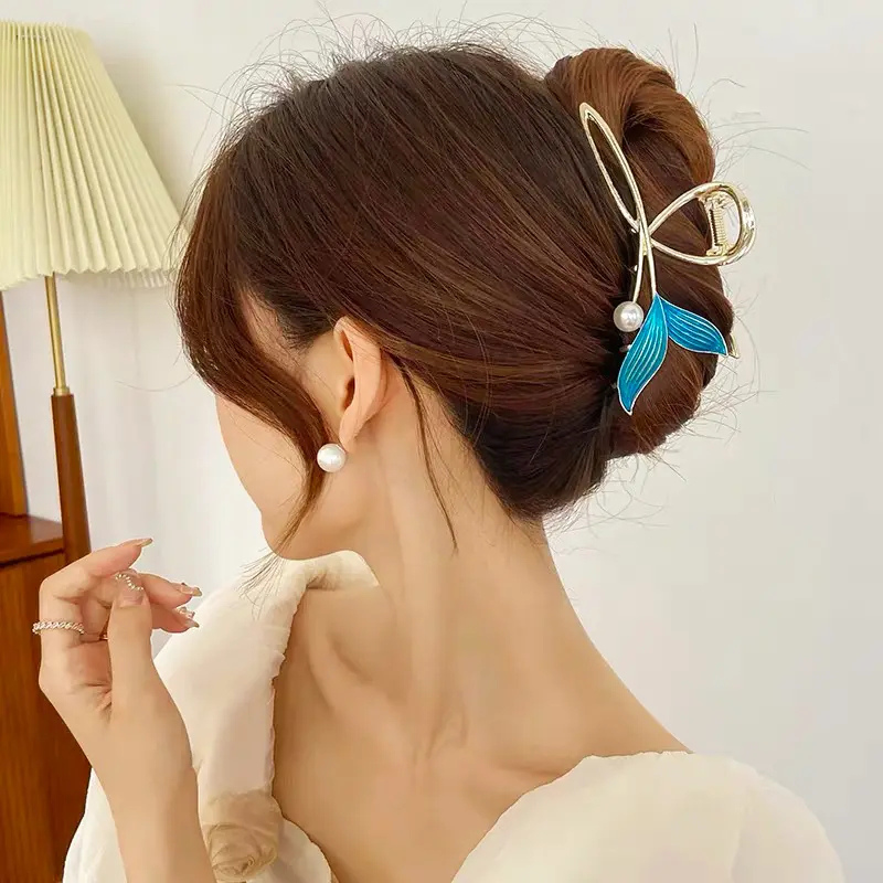 Gigglesboo | Elegant Mermaid Pearl Hair Claw Clip | Metal Hair Clutcher with Turquoise Leaf Design, Strong Hold Hair Styling Accessory