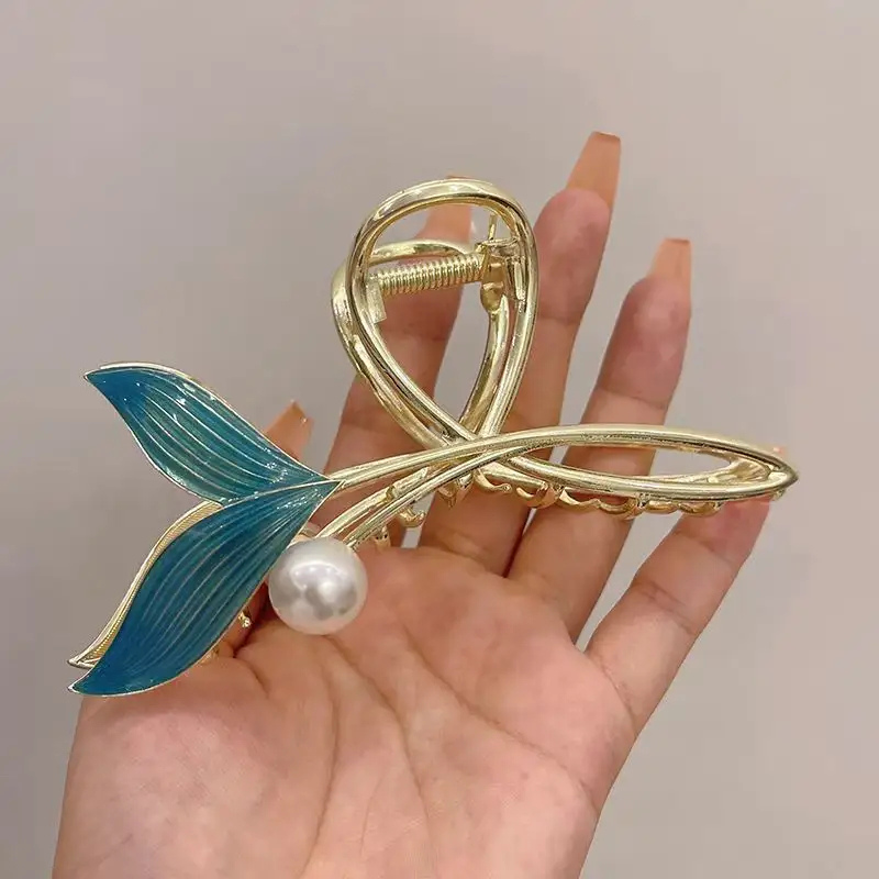 Gigglesboo | Elegant Mermaid Pearl Hair Claw Clip | Metal Hair Clutcher with Turquoise Leaf Design, Strong Hold Hair Styling Accessory