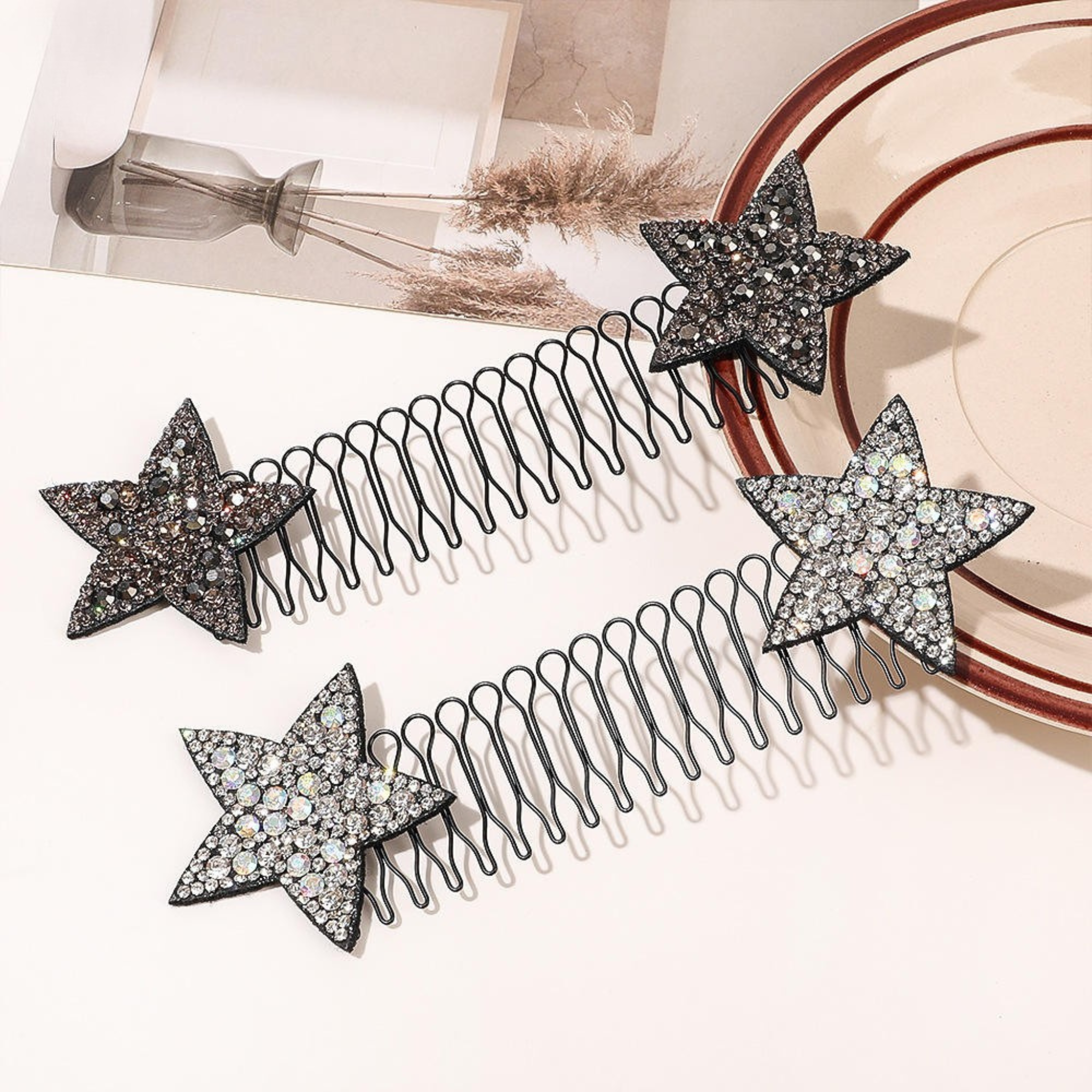 Giggles Boo Crystal Star Hair Comb, Stretchable Hair Pin for Girls and Women Pack of 4 pcs