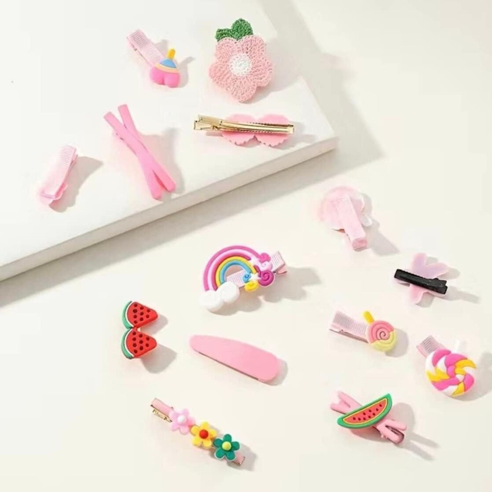  14 Pieces, Rainbow Flower Design, Pink Hair Accessories