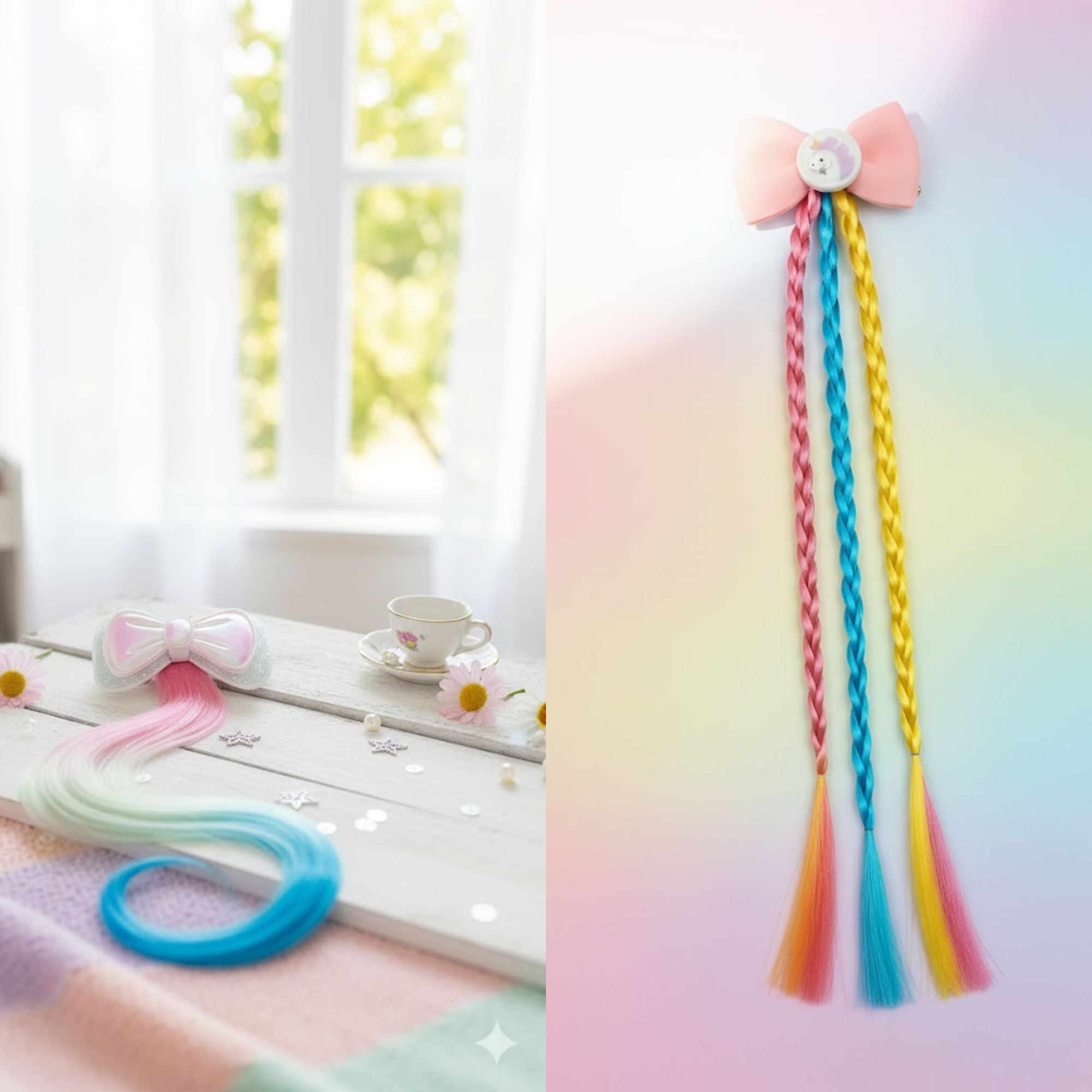 Giggles Boo | Pack of 2 Rainbow Braid Wig Hair Clips Multicolor Hair Extensions for Girls & Kids
