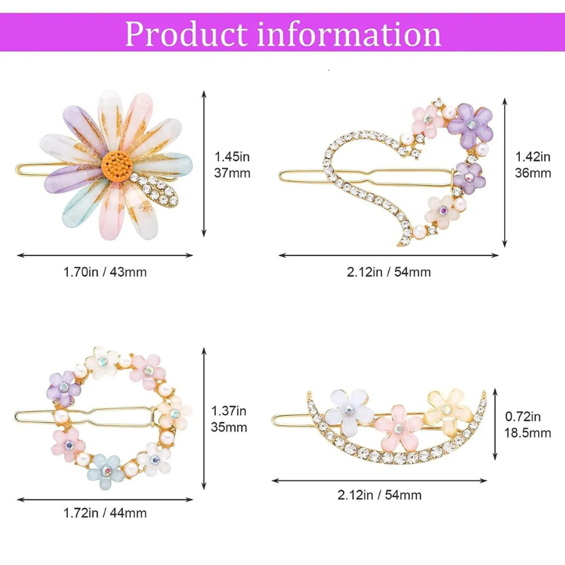 Gigglesboo Korean Style Hair Clips, 4 Pieces Floral Design with Rhinestones, Pastel Colours