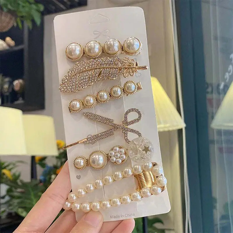 Giggles Boo Pearl & Rhinestone Hair Clips Set 11 Pcs  Elegant Metal Barrettes for Women and Girls