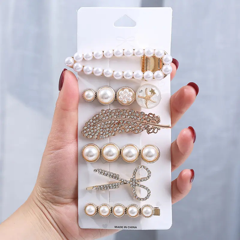 Giggles Boo Elegant Pearl Hair Clips Gold-Plated Rhinestone White Clips Set 6 Pieces