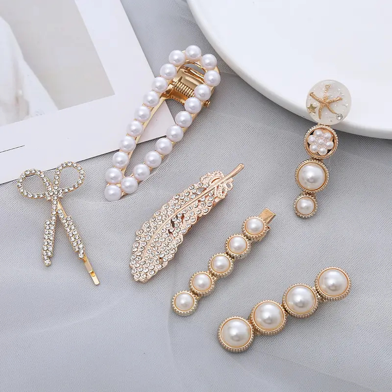 Giggles Boo Elegant Pearl Hair Clips Gold-Plated Rhinestone White Clips Set 6 Pieces