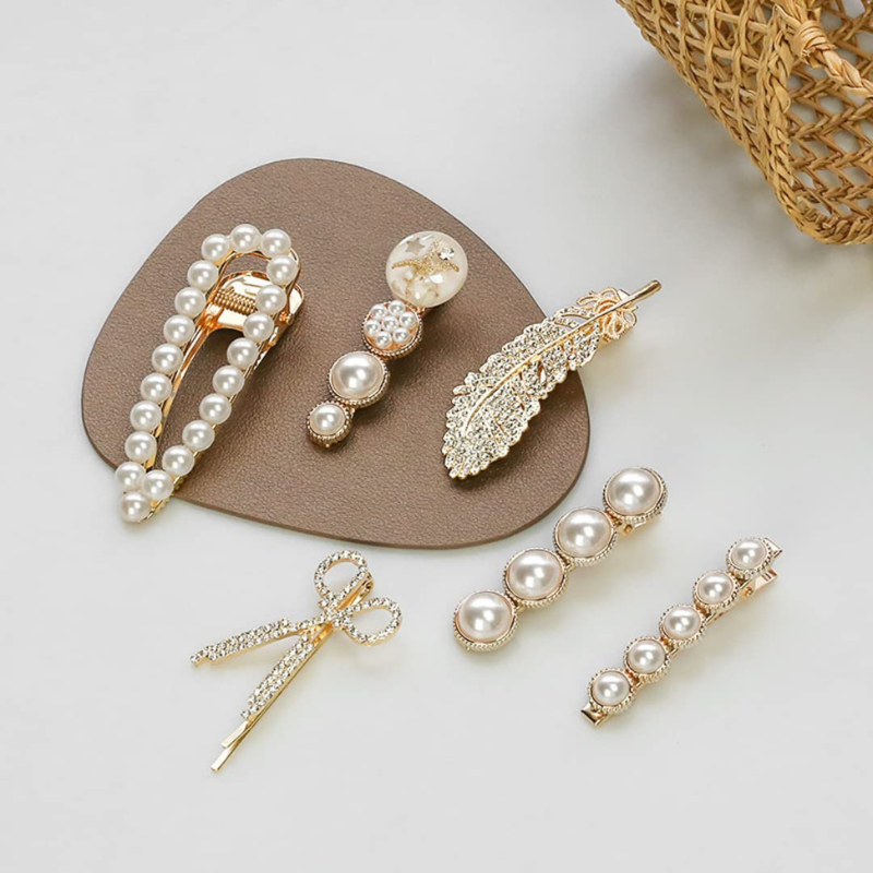 Giggles Boo Elegant Pearl Hair Clips Gold-Plated Rhinestone White Clips Set 6 Pieces
