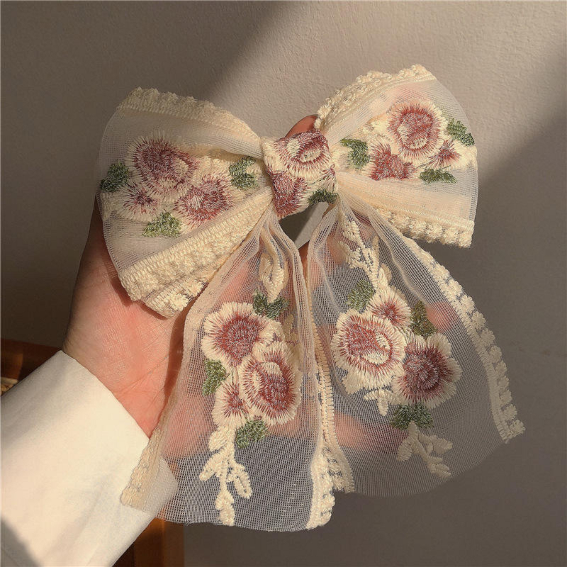 Hair Accessories Rose embroidery bow clip Elegant hair Flower claw Floral Cute Girly women Bow Cloth