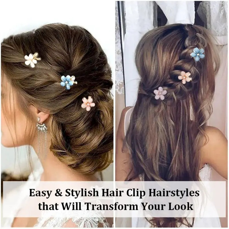 Two hairstyles with hair clips featuring flowers, 