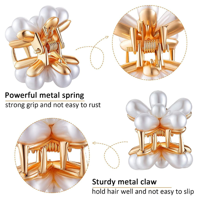 Hair clip with pearl-like beads and gold accents, showing metal spring