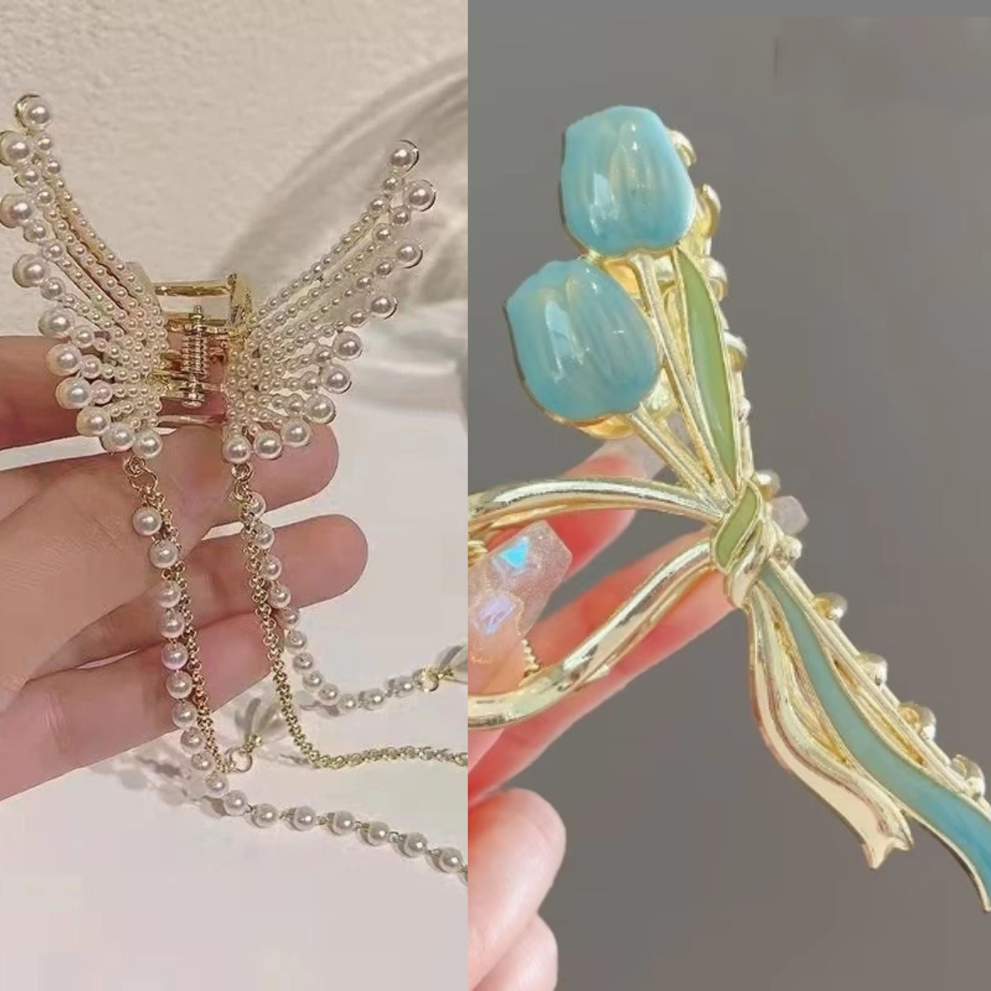   Pearl Butterfly & Flower Claw Clips Blue & White 