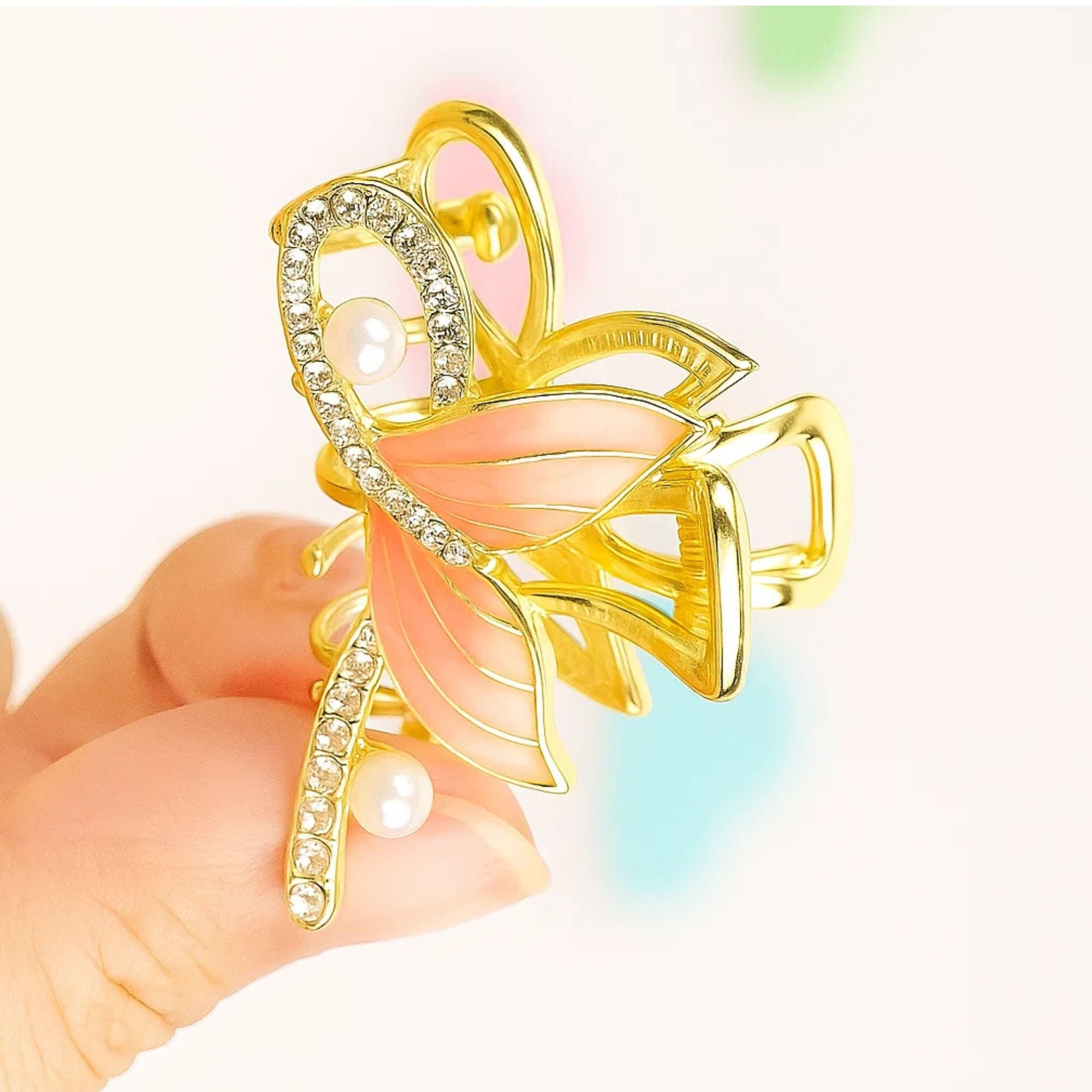 Pink and Gold, Peach Enamel, Bling Hair Clip, Dressy Hair Clip, Wedding Hair Accessory, Bridal Clip, Formal Hair Accessory.