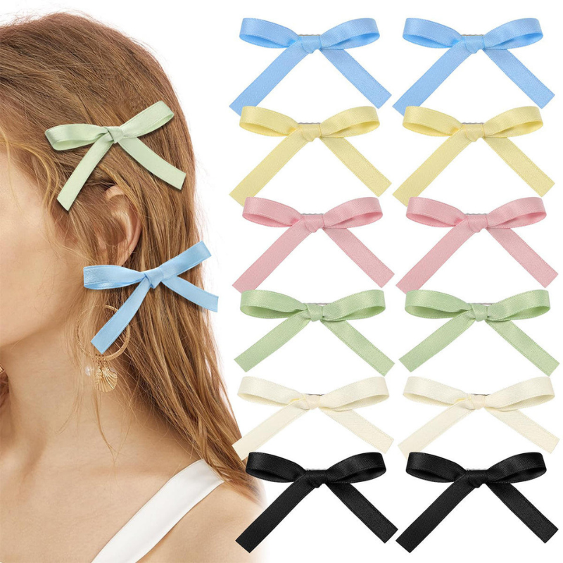 Giggles Boo | Pack of 6 pcs (Any Random 6 Colour) Hair Ribbon Clips, Tiny Bow Clips for Thick & Fine Hair for Women and Girls | Alligator Clip for Hair Styling | Gift for Girls