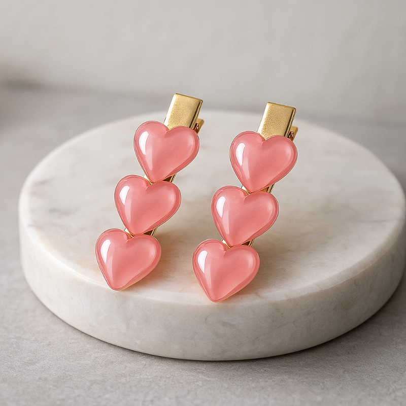 Giggles Boo Heart-Shaped Hair Clips Set | Cute Pink & Blue Triple-Heart Design | Gold Metal Finish | Stylish Hair Accessories for Girls & Women | Pack of 4