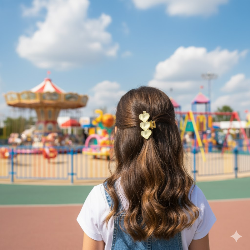 Giggles Boo Heart-Shaped Hair Clips Set | Cute Pink & Blue Triple-Heart Design | Gold Metal Finish | Stylish Hair Accessories for Girls & Women | Pack of 4