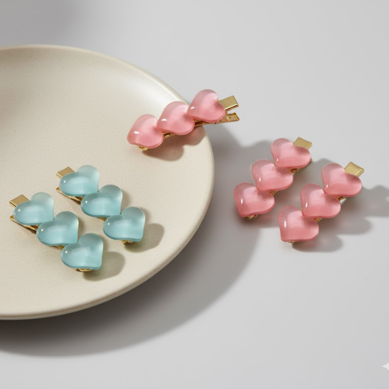 Giggles Boo Heart-Shaped Hair Clips Set | Cute Pink & Blue Triple-Heart Design | Gold Metal Finish | Stylish Hair Accessories for Girls & Women | Pack of 4