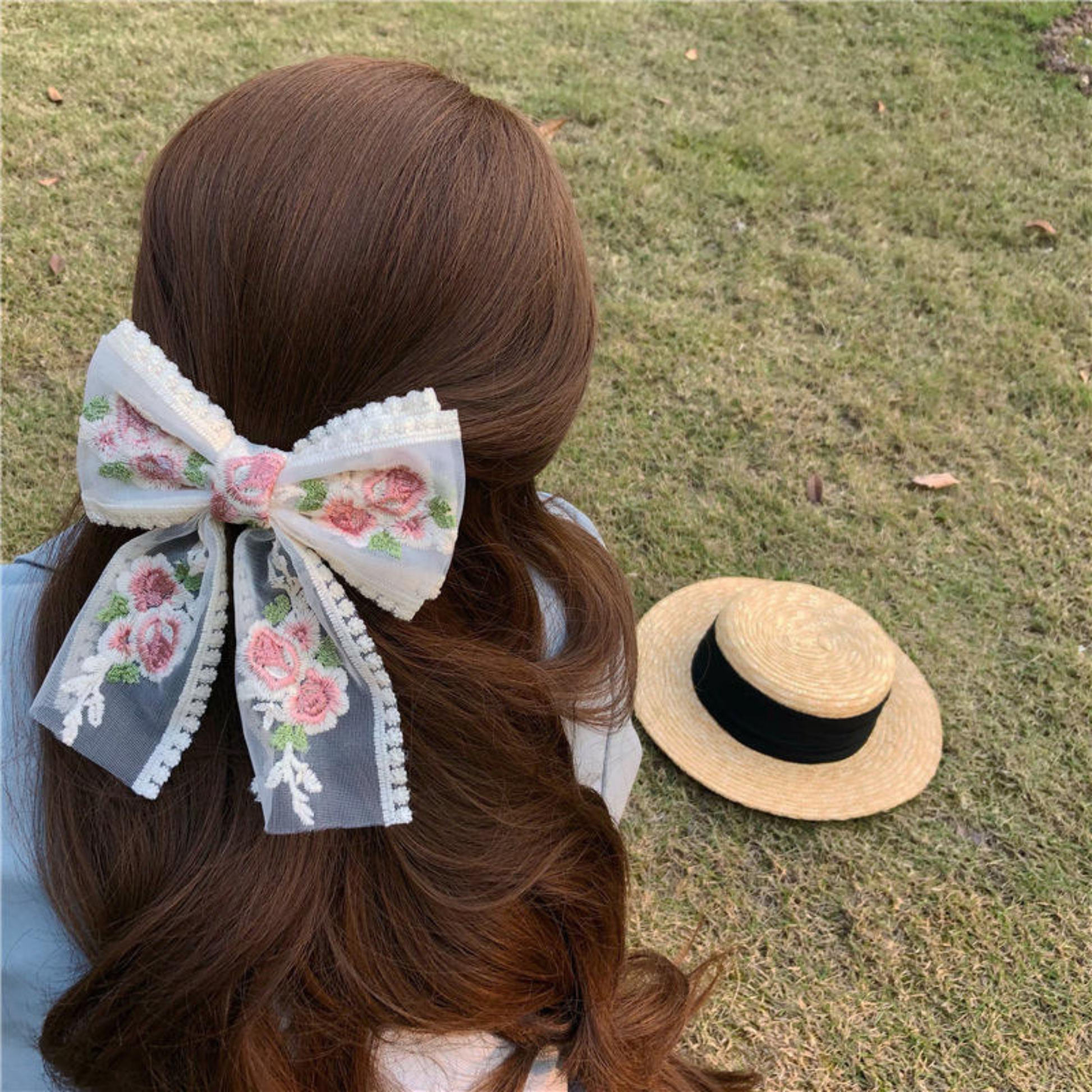 Hair Accessories Rose embroidery bow clip Elegant hair Flower claw Floral Cute Girly women Bow Cloth
