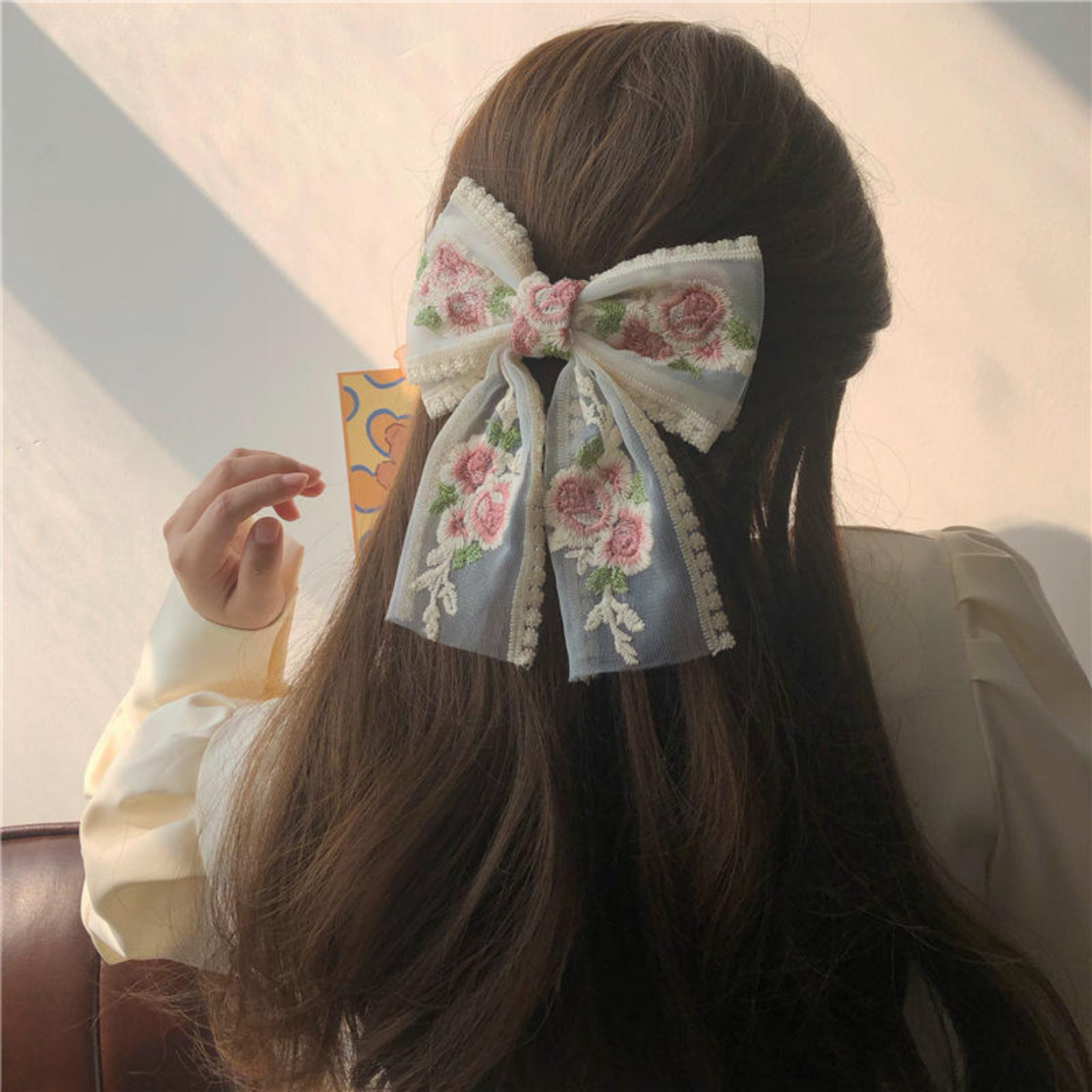Hair Accessories Rose embroidery bow clip Elegant hair Flower claw Floral Cute Girly women Bow Cloth