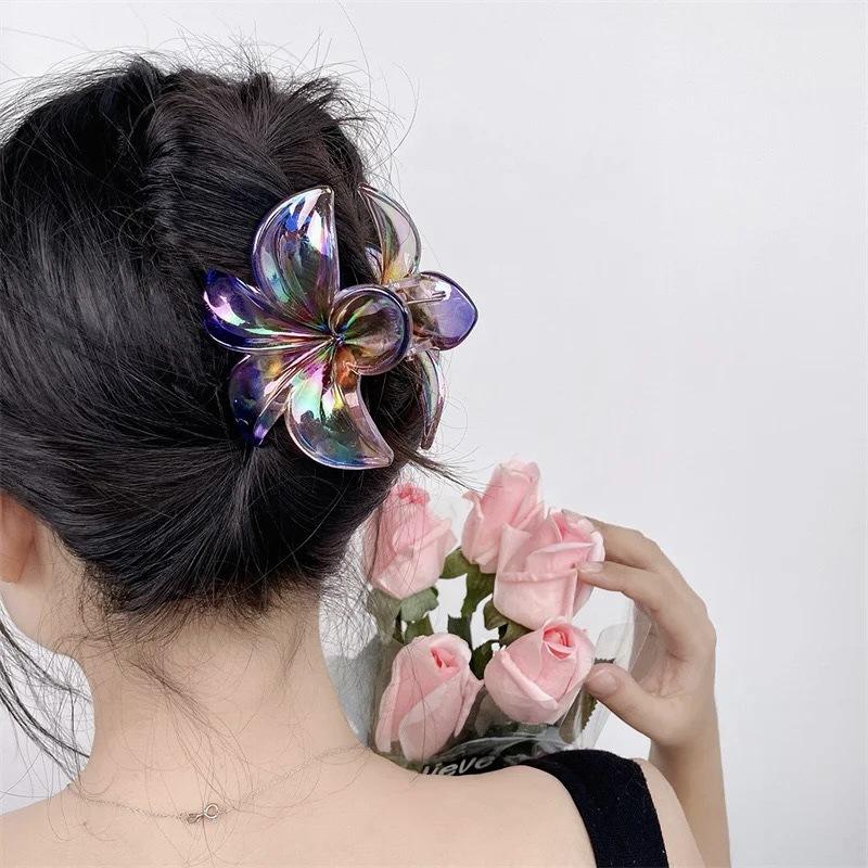 Giggles Boo Transparent Flower Hair Claw Clips Multicolor Claw for women and girls Set of 2