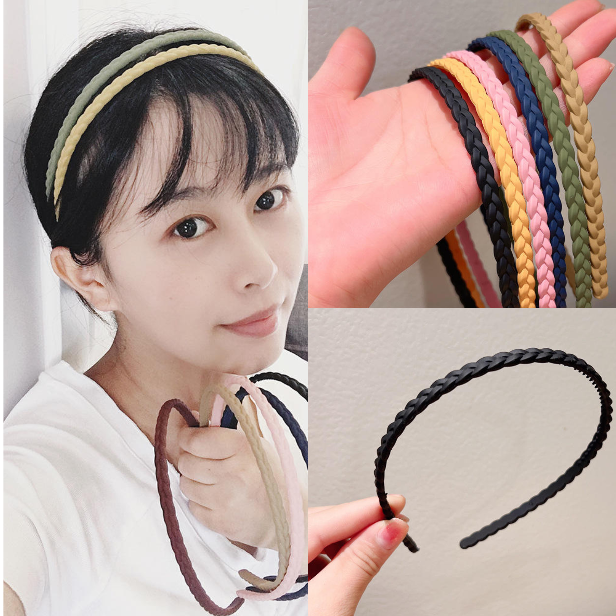 headband, braided hair ties, and a black braided headband. multicolor plastic korean 