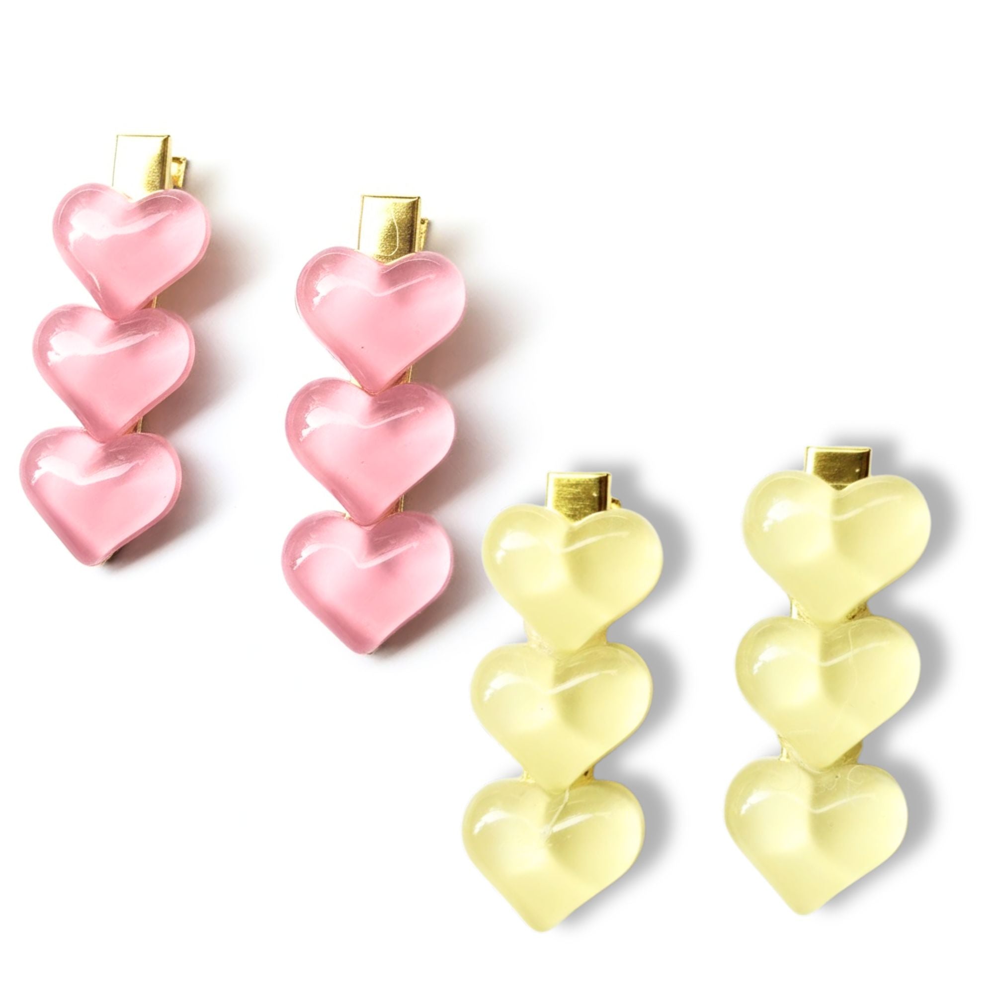 triple heart hairpins, pink and yellow hair clips,