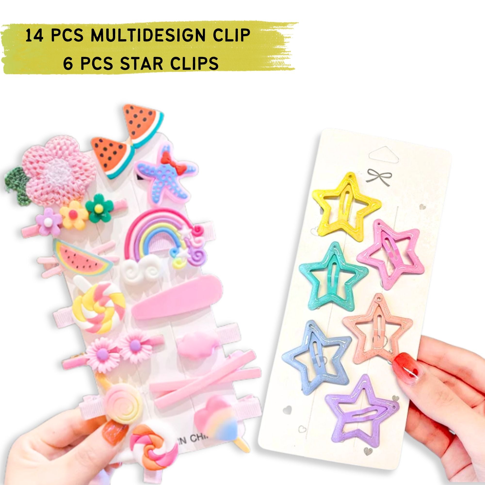 multidesign hair clips and star-shaped  Tic Tac Clip for Toddlers & Kids | Cute Hair Clips Set for Girls, 14 Pieces, Rainbow Flower Design, Pink Hair Accessories